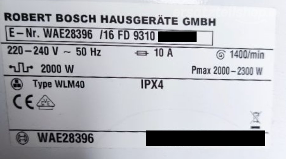 Typenschild Bosch WAE28396/16