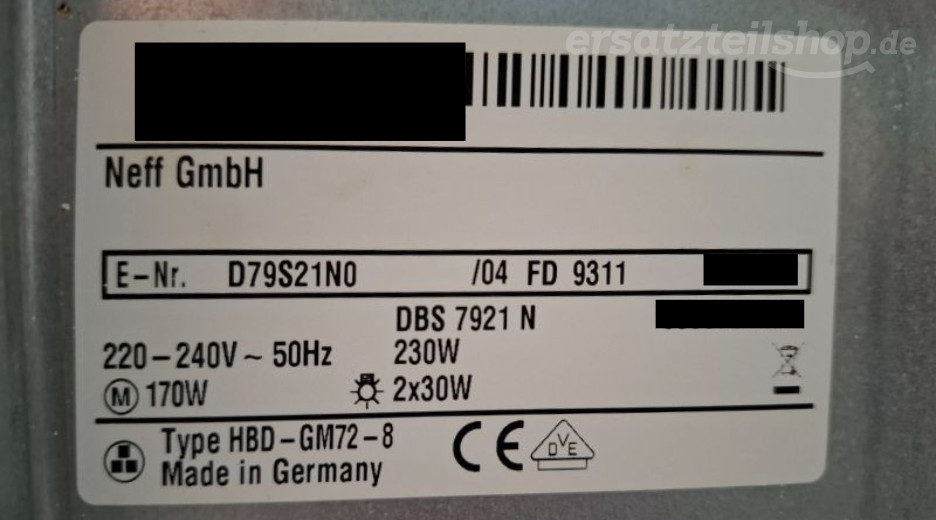 Typenschild Neff D79S21N0/04