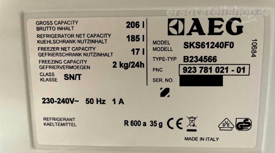 Typenschild AEG SKS61240F0 92378102101