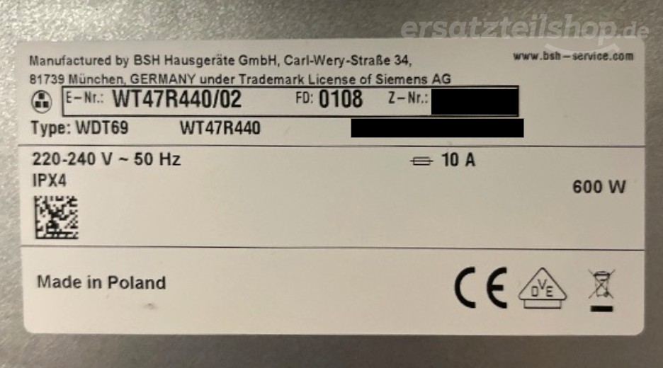 Typenschild Siemens WT47R440/02