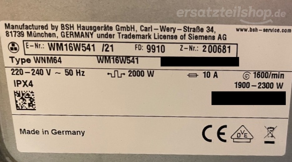 Typenschild Siemens WM16W541/21