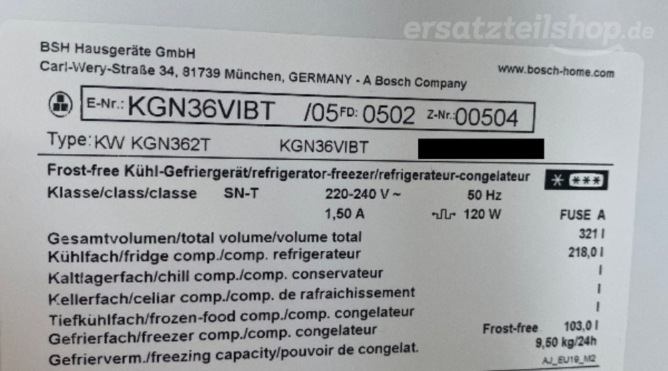 Typenschild Bosch KGN36VIBT/05