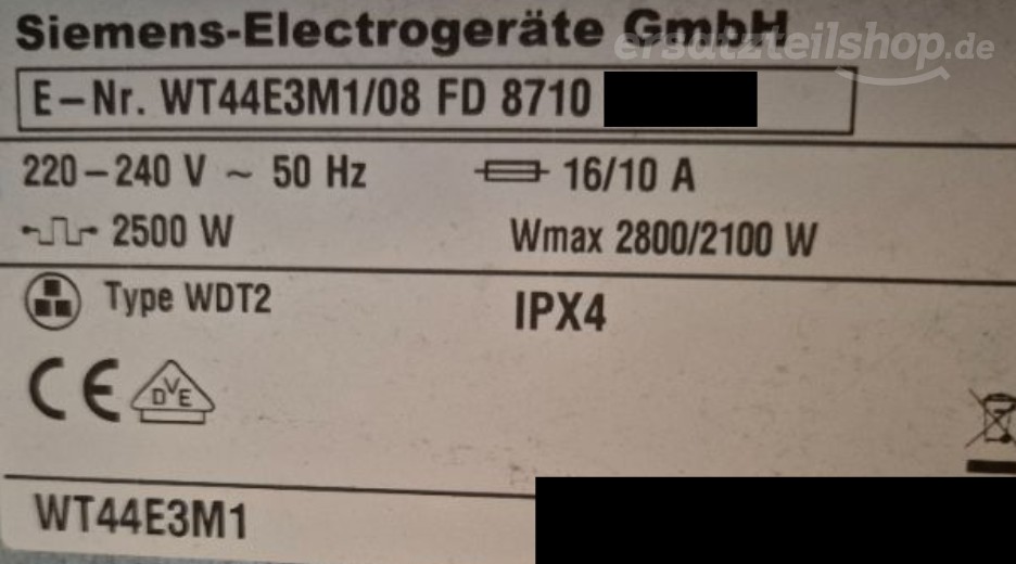Typenschild Siemens WT44E3M1/08
