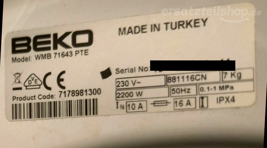Typenschild Beko WMB 71643 PTE 7178981300