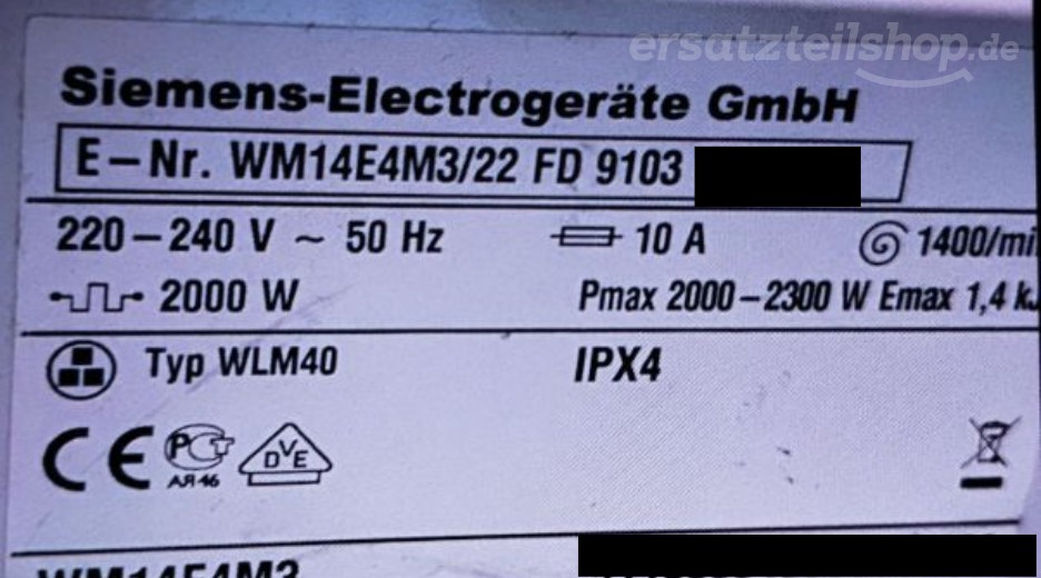 Typenschild Siemens WM14E4M3/22