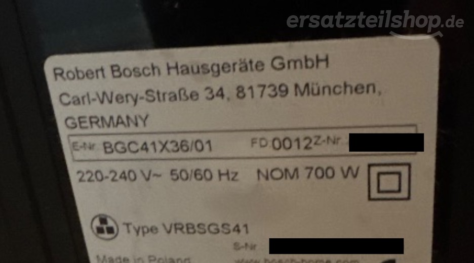 Typenschild Bosch BGC41X36/01