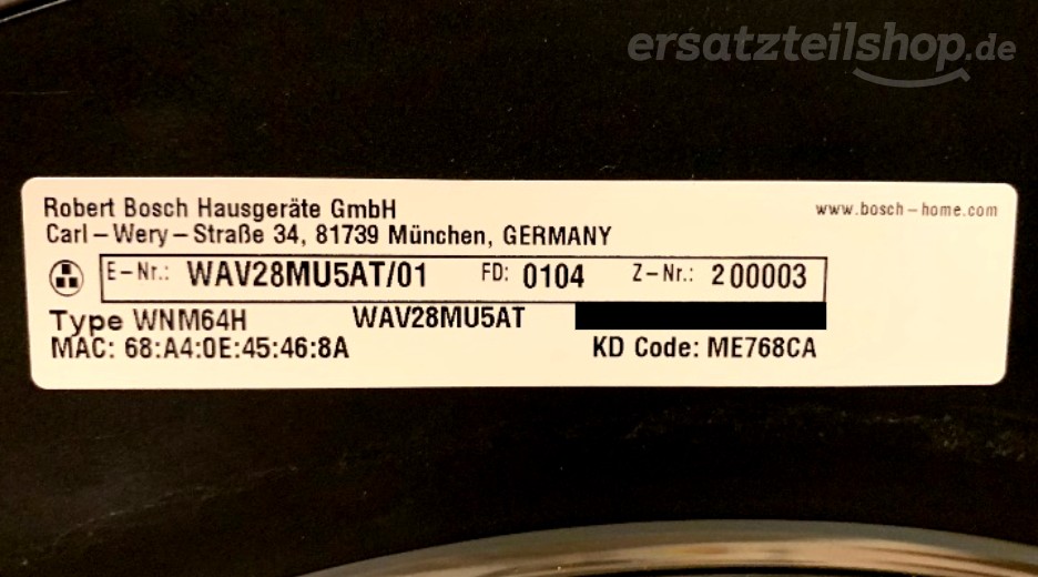 Typenschild Bosch WAV28MU5AT/01