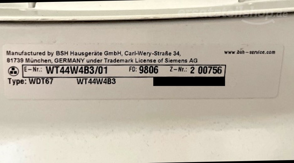 Typenschild Siemens WT44W4B3/01