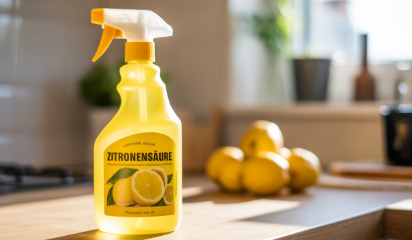 Haushaltsgeräte reinigen mit Zitronensäure Flasche Zitronensäure als Hausmittel zum Haushaltsgeräte reinigen auf heller Küchenoberfläche