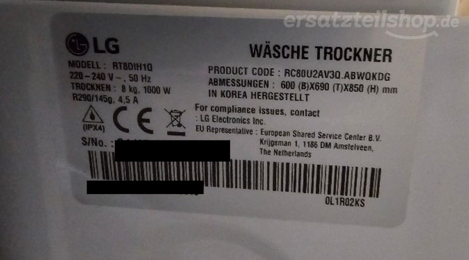 Typenschild LG RT8DIH1Q