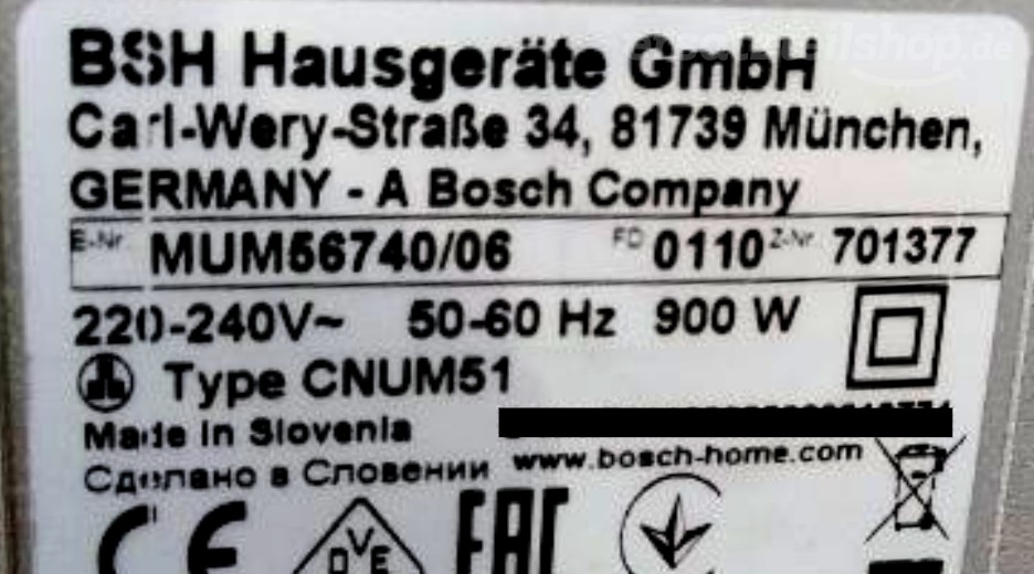 Typenschild Bosch MUM56740/06