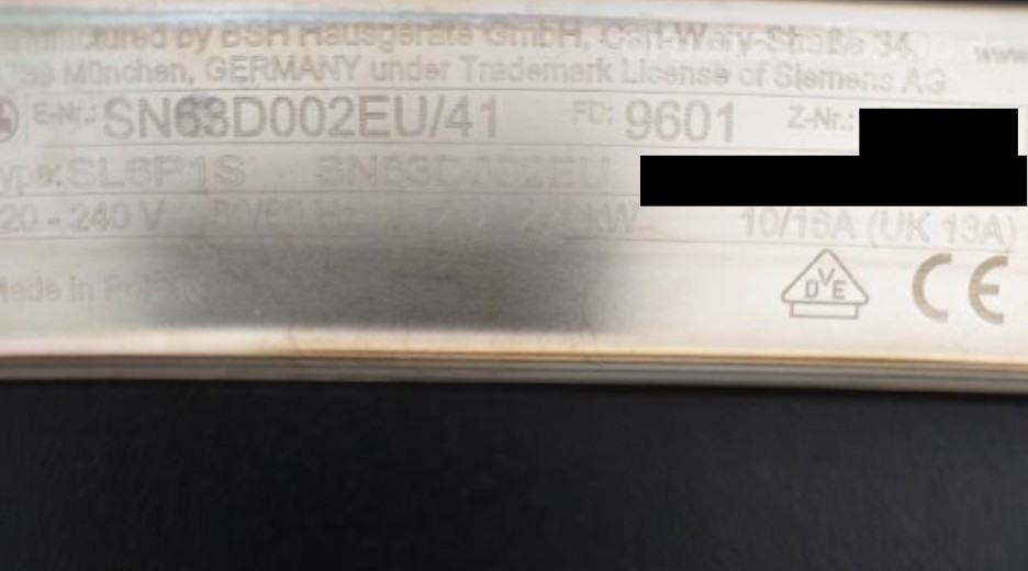 Typenschild Siemens SN63D002EU/41