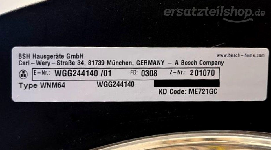 Typenschild Bosch WGG244140/01