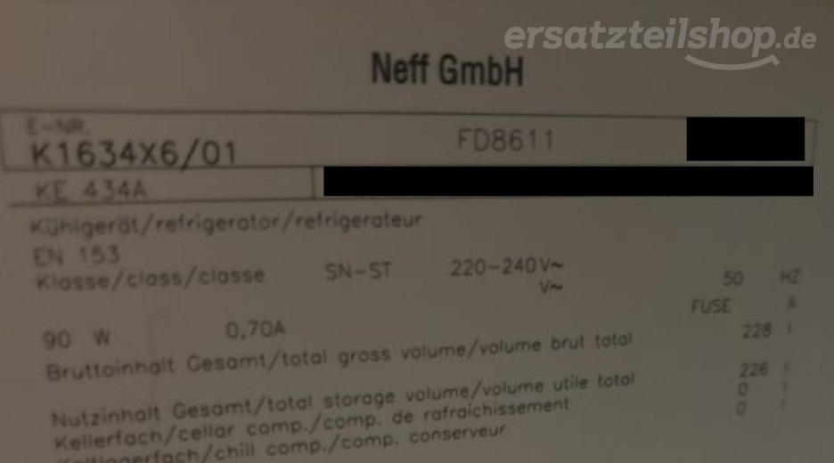 Typenschild Neff K1634X6/01
