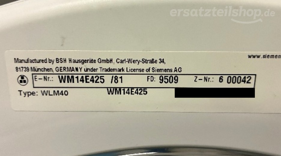 Typenschild Siemens WM14E425/81