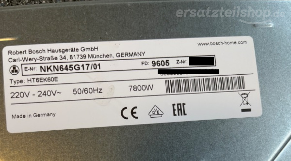 Typenschild Bosch NKN645G17/01