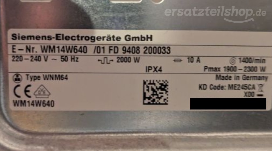 Typenschild Siemens WM14W640/01