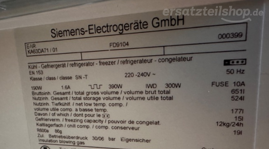Typenschild Siemens KA63DA71/01