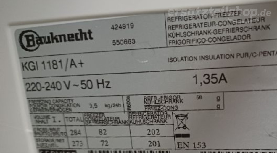 Typenschild Bauknecht KGI 1181/A+ 855033901003