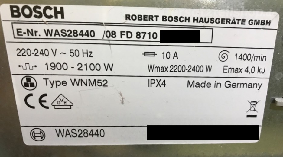 Typenschild Bosch Logixx 7 Sensitive WAS28440/08