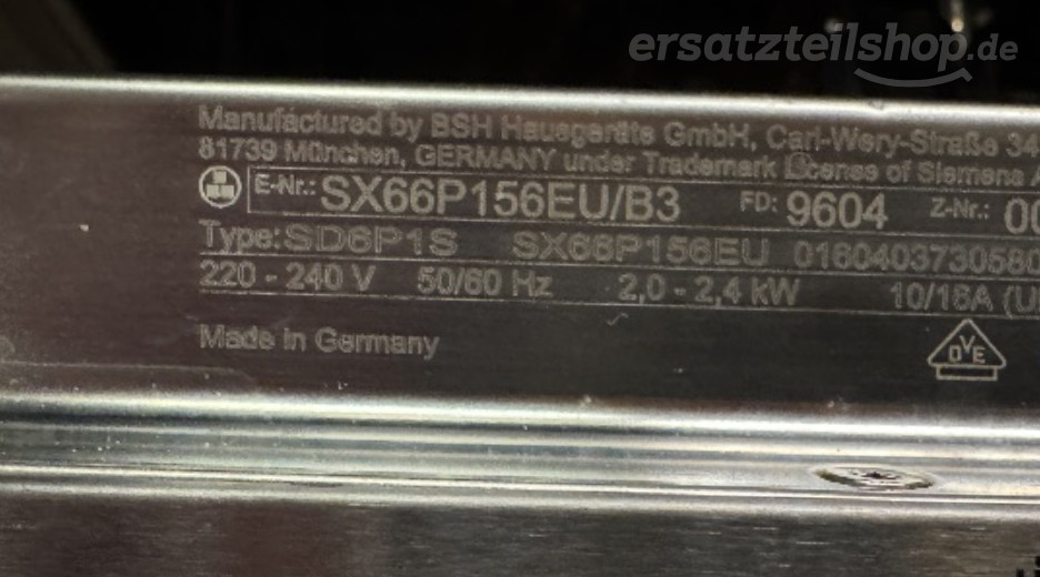 Typenschild Siemens  SX66P156EU/B3