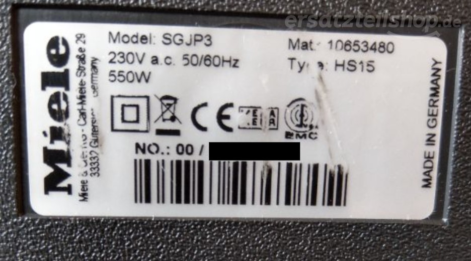 Typenschild Miele SGJP3 SGJP3