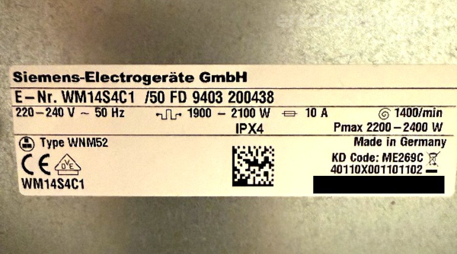 Typenschild Siemens WM14S4C1/50
