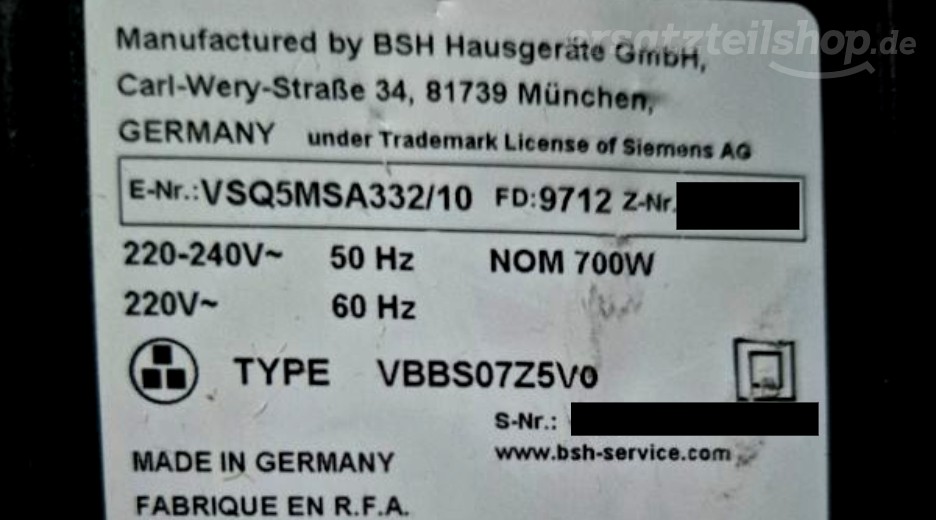 Typenschild Siemens VSQ5MSA332/10