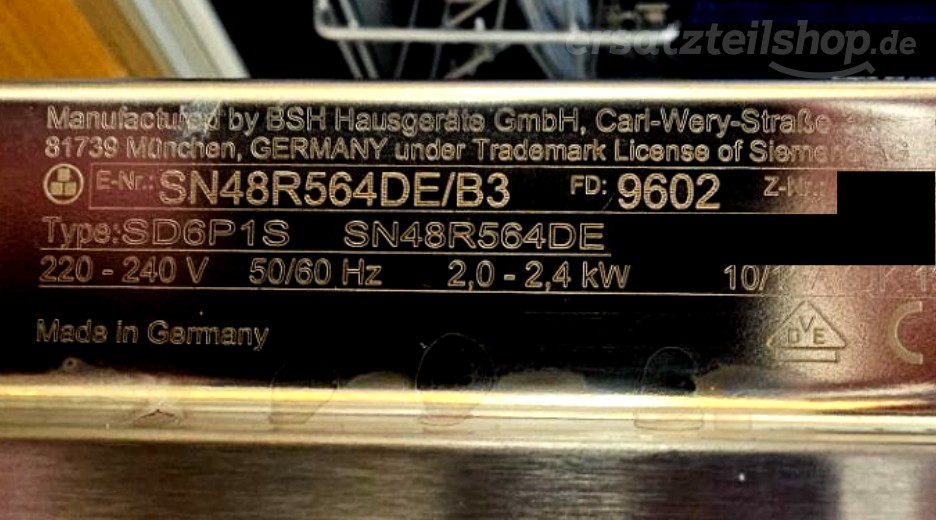 Typenschild Siemens SN48R564DE/B3
