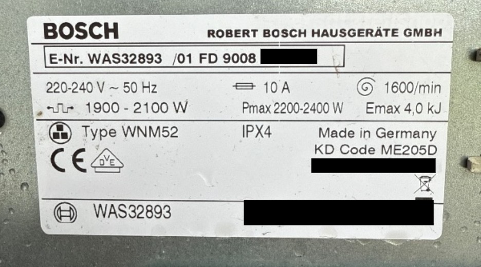Typenschild Bosch WAS32893/01