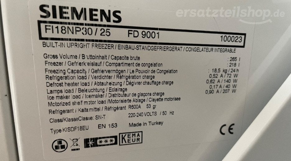 Typenschild Siemens FI18NP30/25