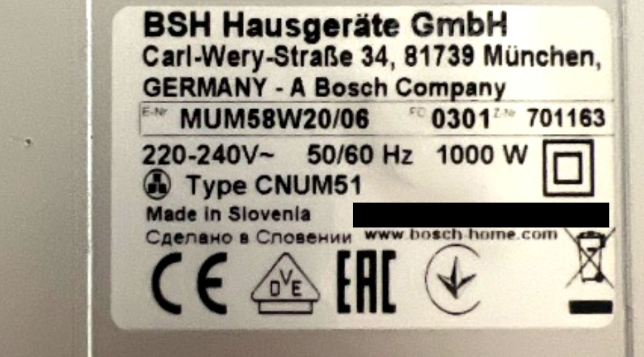 Typenschild Bosch MUM58W20/06