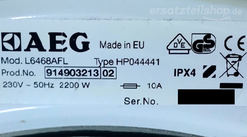 Typenschild AEG L6468AFL 91490321302
