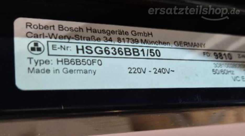 Typenschild Bosch  HSG636BB1/50
