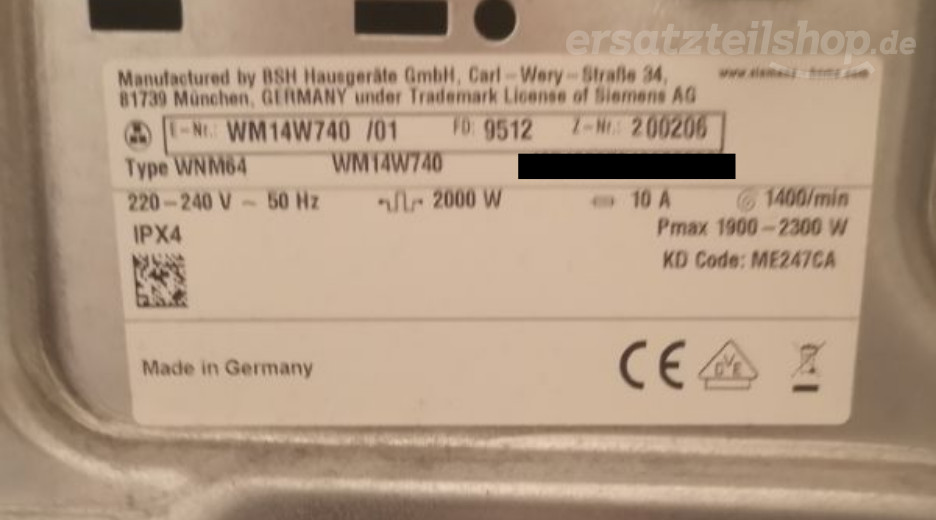Typenschild Siemens WM14W740/01