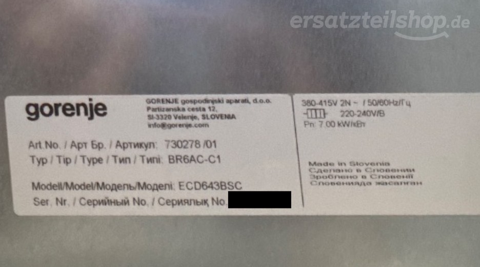 Typenschild Gorenje ECD643BSC 730278