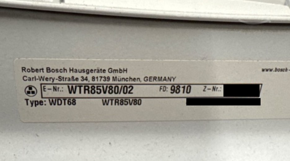 Typenschild Bosch WTR85V80/02