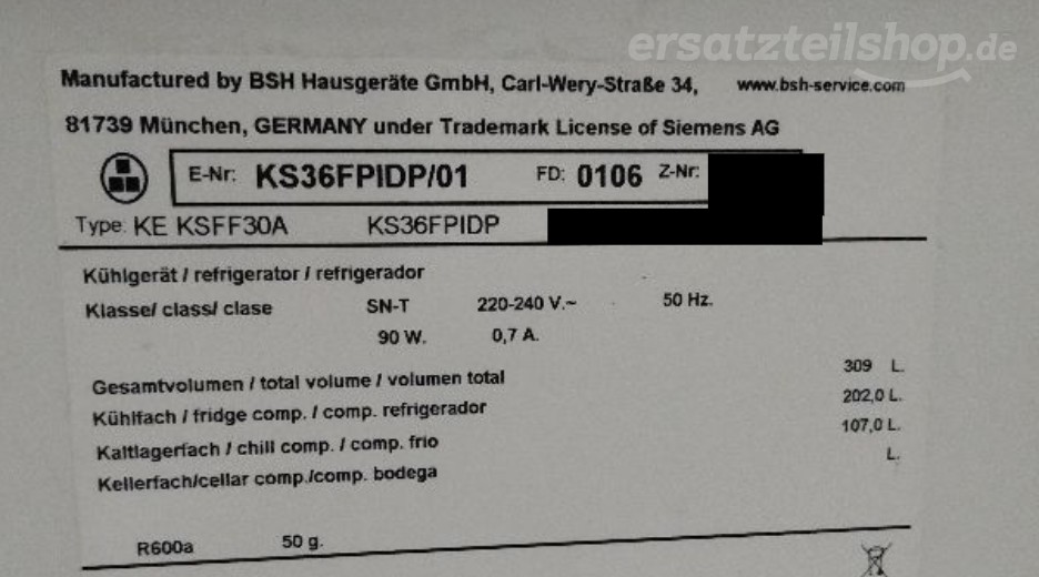 Typenschild Siemens KS36FPIDP/01