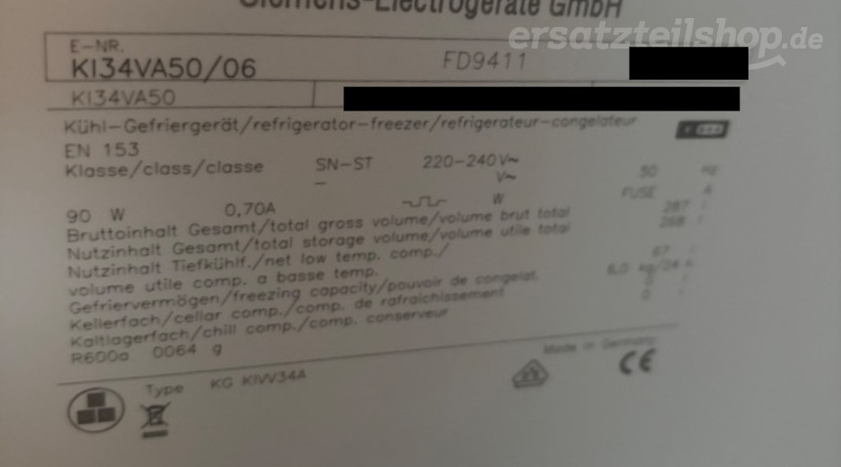 Typenschild Siemens KI34VA50/06