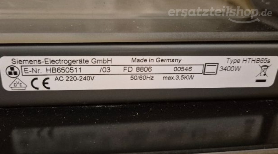 Typenschild Siemens HB650511/03