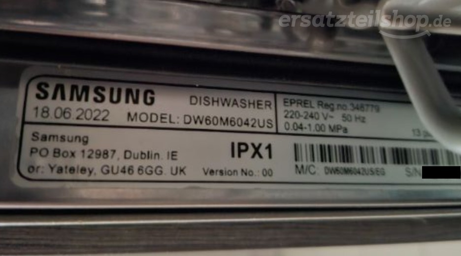 Typenschild Samsung DW60M6042US/EG