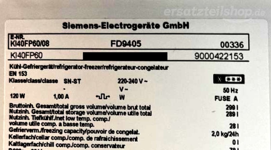 Typenschild Siemens KI40FP60/08