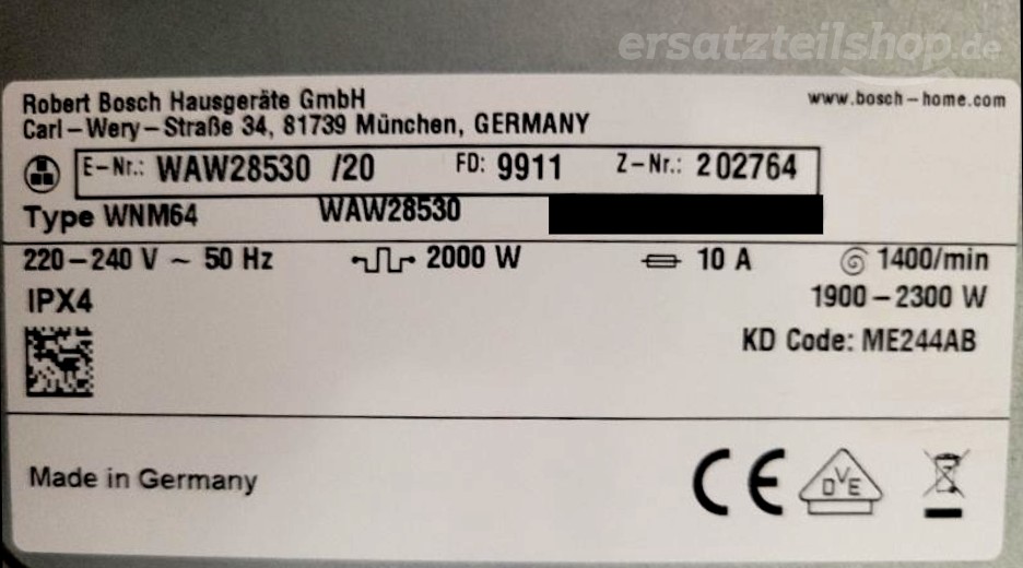 Typenschild Bosch WAW28530/20