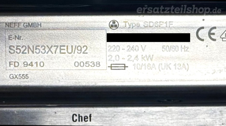 Typenschild Neff S52N53X7EU/92