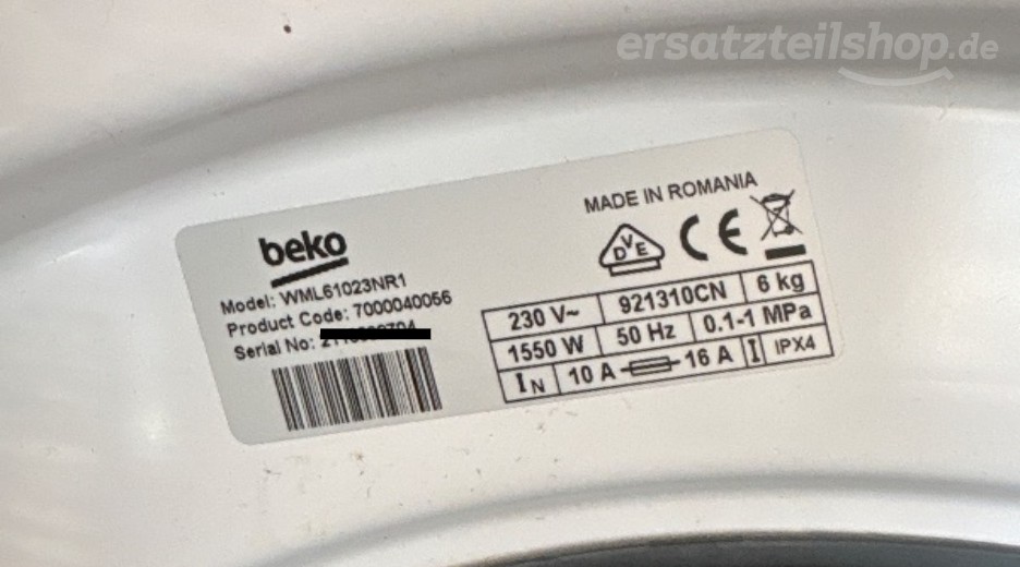 Typenschild Beko BEKO WUE9626XBWS-GR-BG B1XR501209BX2C7SB 7000840056