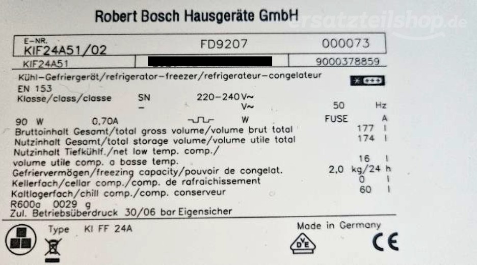 Typenschild Bosch KIF24A51/02