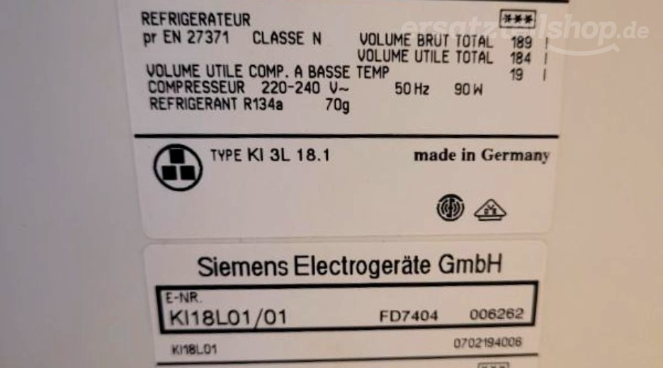 Typenschild Siemens KI18L01/01