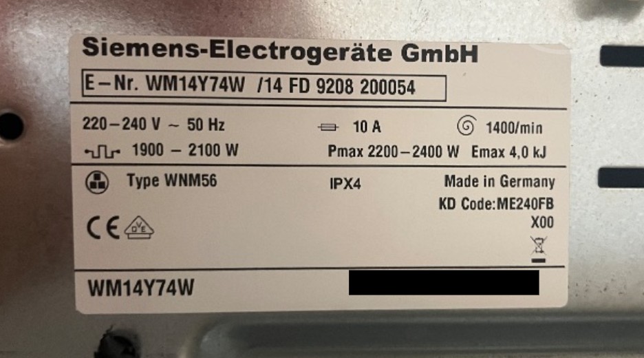 Typenschild Siemens WM14Y74W/14