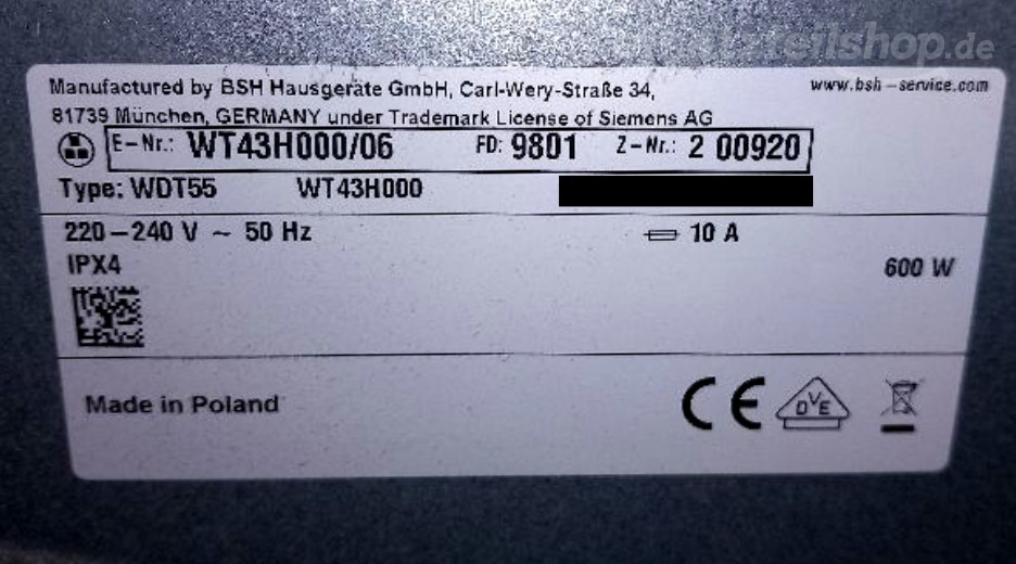 Typenschild Siemens WT43H000/06