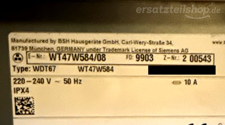 Typenschild Siemens WT47W584/08